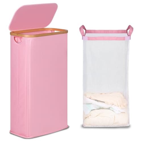 efluky Slim Laundry Basket with Lid, Narrow Laundry Hamper with Removable Bag, Skinny Dirty Clothes Basket with Bamboo Handles for Bathroom, Bedroom & Laundry Room, 63L Pink - Image 1