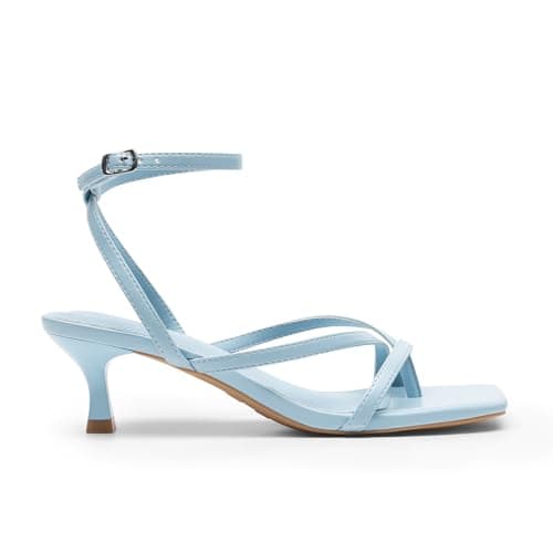 Athlefit Kitten Strappy Heels for Women Blue Square Open Toe Low Heels Sandals Ankle Strap Sexy Party Wedding Dress Shoes Size 6.5 - Thumbnail 4