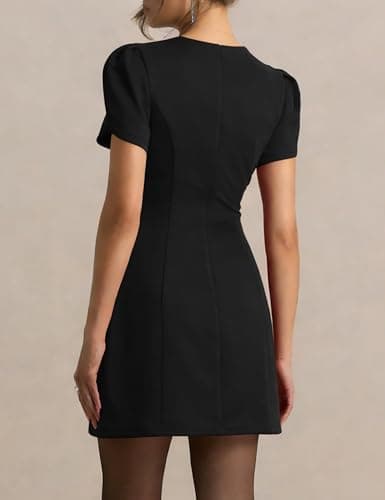 POTILI Women's Puff Sleeve Mini Dress, Crew Neck Bodycon Dress for Casual Party Cocktail Black - Thumbnail 2