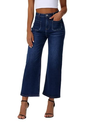 Genleck Women's Wide Leg Jeans – Cropped High Waisted Trendy Front Pockets Jeans Stretchy Capri Baggy Cute Denim Pants 2025 Midnight Blue - Thumbnail 4