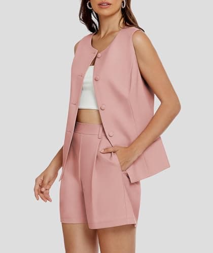 Casly Lamiit 2 Piece Outfits for Women Summer Casual Short Sets 2025 Round Neck Vest Ladies Business Suiting Work Matching Attire Pink S - Thumbnail 2