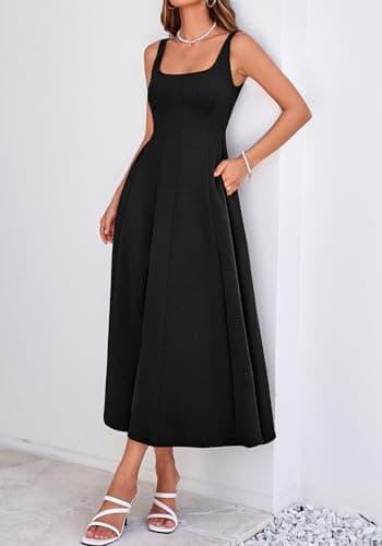 BTFBM Women Elegant Wedding Guest Dress Summer Square Neck Sleeveless Flowy A Line Formal Cocktail Party Maxi Dresses(Black, XX-Large) - Thumbnail 4