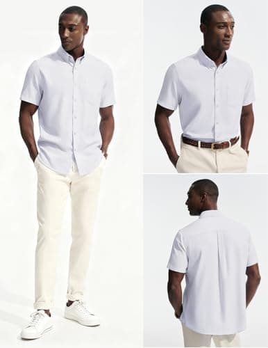 PJ PAUL JONES Untucked Shirts for Men Regular Fit Casual Button Shirt Short Sleeve Dress Shirts White L - Thumbnail 2