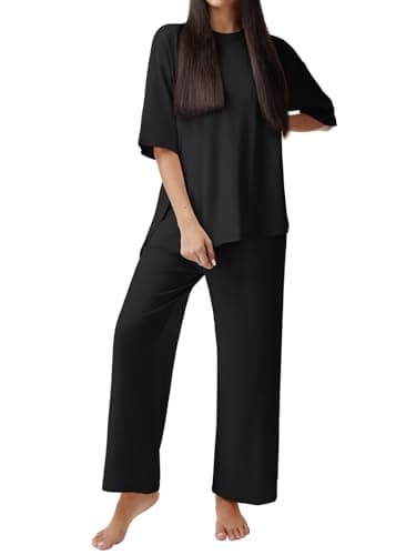 REORIA Womens Fall Lounge Sets Sleepwear Short Sleeve Tops and Long Pants 2 Piece PJ Pajama Sets Black Small - Image 1