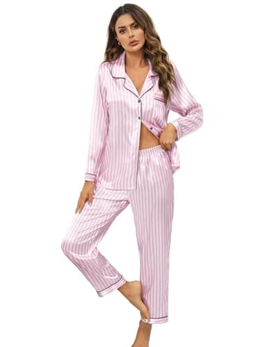 Leikar Pink Silk Satin Pajamas Long Sleeve Pajama Sets For Women Soft Button Down Pjs - Image 1
