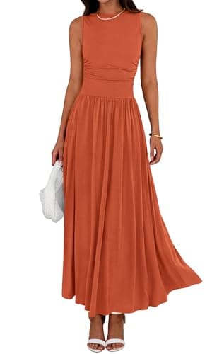 BTFBM Summer Maxi Dresses for Women 2026 Spring Sleeveless Casual Ruched High Waisted Long Sundress Flowy Beach Dress(Orange, Large) - Image 1