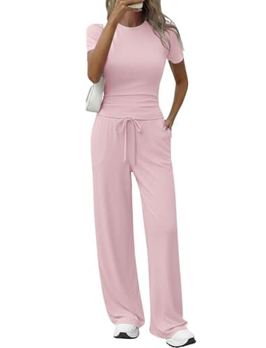 Flevita Womens 2 Pcs Sets Summer Travel Outfits T-shirts and 31" Wide Leg Pants Comfortable Airport Lounge Wear Set with Pockets Pink M - Image 1
