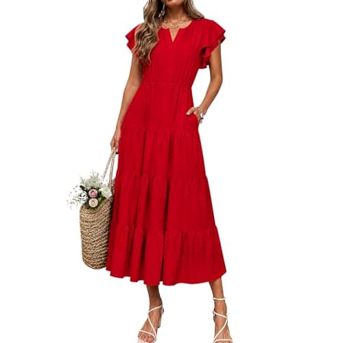 materasu Women V Neck Midi Dress with Pocket Flutter Sleeve Tiered Casual Summer Dress - Image 1