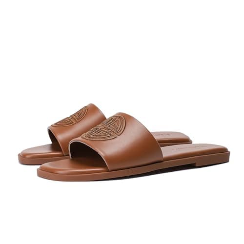 Stratuxx Kaze Womens Flat Sandals Dressy Summer Slide with Memory Foam Comfortable Cute Leather Brown Sandals for Women - Thumbnail 4