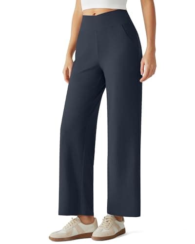 G4Free Wide Leg Ankle Pants for Women Crossover High Waist Yoga Pants with Pockets Dressy Comfy Casual Trousers for Travel(Dark Navy,XL,Petite) - Image 1
