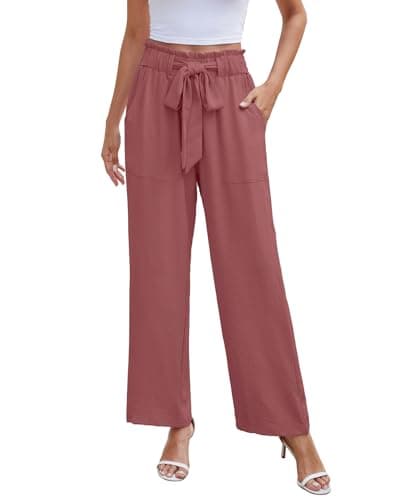 NILOUFO Casual Pants for Women Summer Lightweight Wide Leg Pants High Waisted Elastic Waist Tie Knot Trousers with Pockets(Purplish Red, Medium) - Image 1