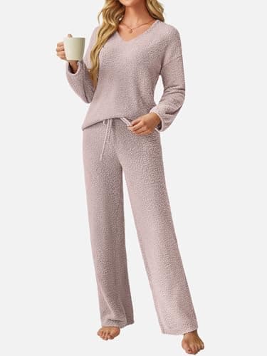 GKBK Womens 2 Piece Outfits Knit Sweater Sets Fuzzy Fleece Long Sleeve Top Wide Leg Pants Loungewear Matching Lounge Set 2026 Fall Winter Fashion Clothes Light Pink XL - Thumbnail 6