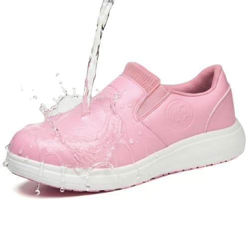 LANSNBO Non-Slip Waterproof Shoes for Women Wide Width, Slip-On Work Walking Sneakers, Arch Support Lightweight, Water & Oil Resistant for Kitchen Chefs Food Service Nurses Cleaners (Pink-41.5) - Image 1
