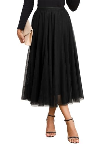Happy Sailed Black Skirt for Women Elastic High Waisted A-Line Tulle Skirt Pleated Flowy Long Skirts Date Night Outfit Womens Clothes Medium - Image 1