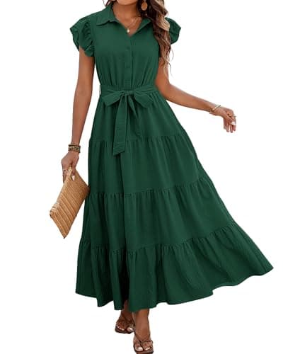 dowerme Woman Spring Dresses Cap Sleeve V Neck Button Elastic High Waist Belted Tiered Boho Flowy Swing Beach Dress(Dark Green,Small) - Image 1