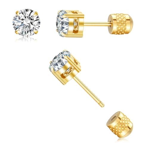 Hypoallergenic Threadless Flat Back Earrings,1 Pairs Cartilage Stud for Women Men Titanium Post 20G None Screw Easy Push in Gold Black Silver Stainless Steel Flatback with CZ 3-8mm (Gold Stud, 5mm) - Image 1