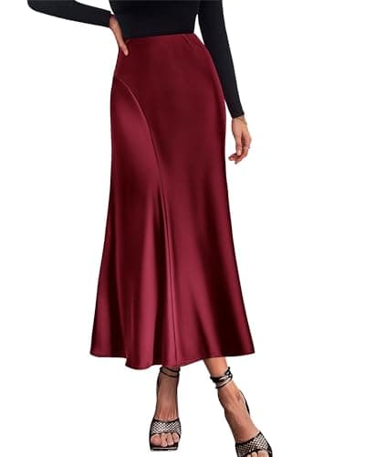 KIRUNDO Women Spring Summer Satin Maxi Skirt 2026 Trendy High Waisted Wedding Cocktail Party Work Silk A-Line Formal Skirts(Wine Red, X-Large) - Image 1