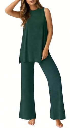 PrinStory Womens Pajamas Sets 2 Piece Soft Pjs for Women Sleeveless Pajama Set Summer Loungewear with Pockets Dark Green-L - Image 1