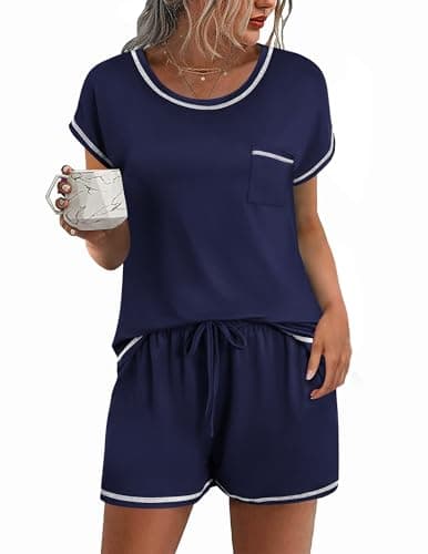 Ekouaer Pajama Set for Women Short Sleeve Tops and Shorts Set 2 Piece Pjs Classic Loungewear with Pockets Solid Navy Blue Small - Image 1