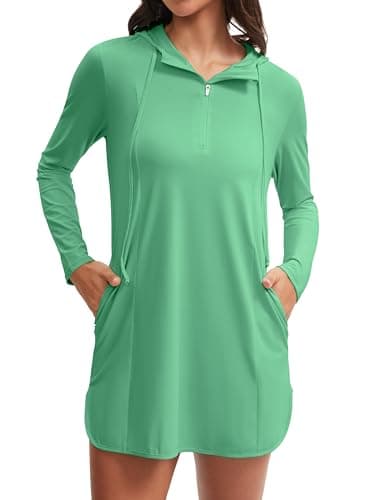 ATTRACO Women Swim Cover Up Hooded Swim Jackets Zipper Swim Top Long Sleeve Green M - Image 1