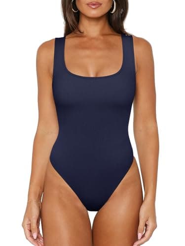 REORIA Tank Top Bodysuits for Women Ribbed Scoop Neck Sleeveless Slimming Basic Body Suit Tops Going Out Outfits 2026 Summer Navy Blue Medium - Image 1