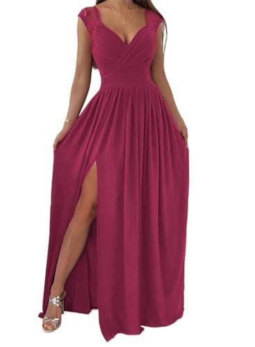 Dokotoo Womens Ladies Elegant Floor Length A Line Wrap Deep V Neck Backless Ruched Pleated Ruffled Split Long Maxi Formal Evening Party Prom Dress Bridesmaid Wedding Guest Dresses for Women Red S - Image 1