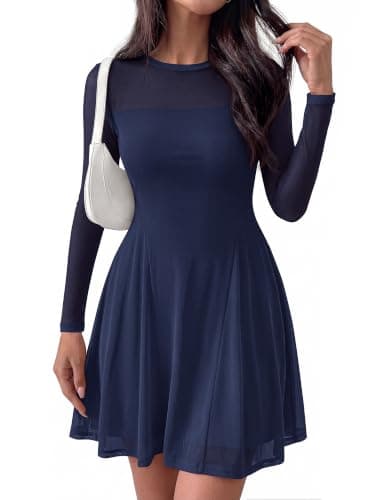 BTFBM Women’s Mini Dress Sheer Mesh Long Sleeve Flowy A Line Casual Cocktail Party Going Out Dresses 2026 Fall Fashion(Navy Blue, Small) - Thumbnail 4