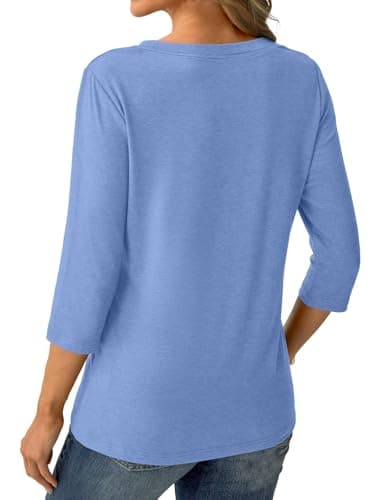 Womens Tops 3/4 Sleeve V Neck Spring Summer Work Tunic Shirts Business Dressy Casual Blouses A- Light Blue - Thumbnail 5