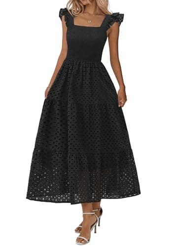 Lazysmile Womens Summer Maxi Dress Square Neck Ruffle Cap Sleeve Hollow Out Eyelet Smocked Tiered A Line Boho Sundress Black