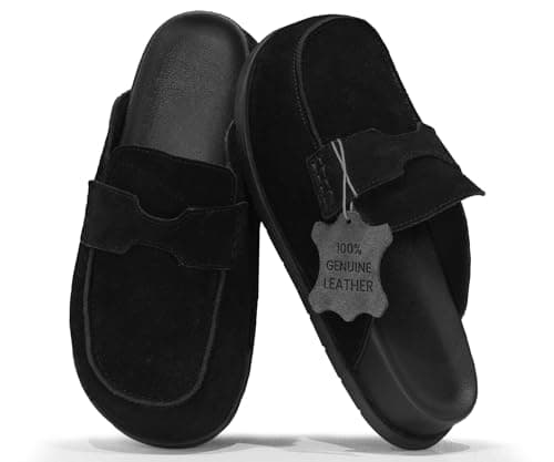 BLUEAGLE 100% Genuine Leather Women's Suede Clogs Slip On Mules with Memory Foam Arch Support & Non-Slip Sole Platform Shoes Black - Image 1