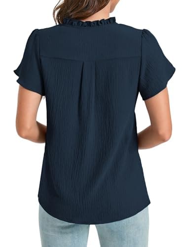 Funlingo Women Summer Tops Ruffle Short Sleeve V Neck Blouses Dressy Casual Eyelet Lace Work Shirts Spring Clothes Trendy Outfits Deep Blue S - Thumbnail 4