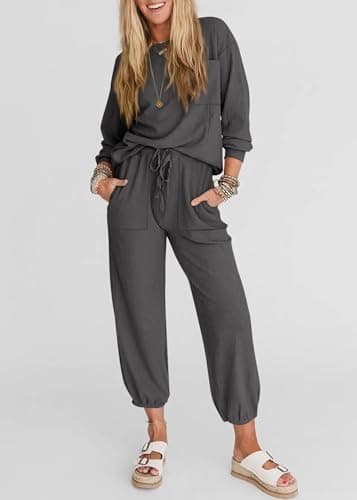 KIRUNDO Lounge Sets for Women 2026 Fall Airport Travel Outfits Ribbed Knit Tops Jogger Pants Tracksuit Postpartum Comfy Set(Dark Grey, Small) - Thumbnail 4