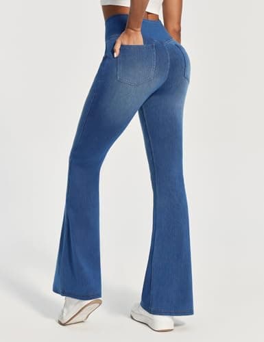 IUGA High Waisted Bell Bottom Jeans for Women Flare Stretchy Jeans Pull On Wide Leg Jean Woman V Cross Flare Leggings Pants(Whiskers Medium Wash, 31", Small) - Thumbnail 2