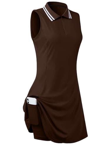 FREEYE Women's Sleeveless Golf Tennis Dress Pickleball Outfits Polo Active Desses with Shorts Trendy Female Sports Attire Brown XL - Image 1