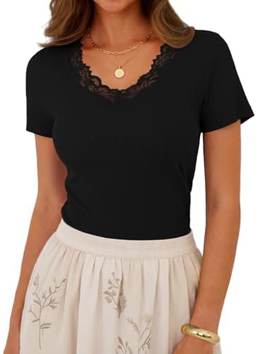 GKBK Short Sleeve Black Tops for Women Lace V Neck Cute Sexy Y2k Top Basic Tees Ribbed Fitted Shirts Going Out Summer Trending Fashion Clothes M - Thumbnail 2