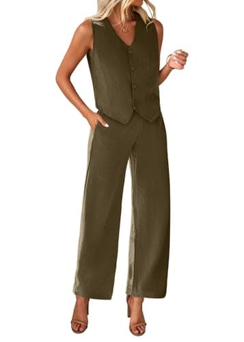 KIRUNDO Two Piece Outfits for Women Summer Sets 2026 Trendy Button Crop Vest Wide Leg Pantsuit Matching Set Spring Fashion Clothes(Army Green, X-Large) - Image 1