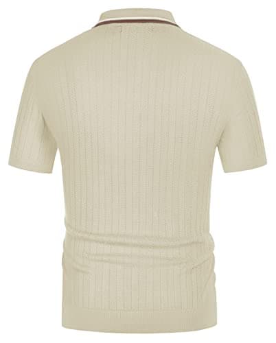 PJ PAUL JONES Men's Knitted Polo Shirts Casual Lapel Collared Button Up Golf Polo Tee Shirts Clothes for Men Summer Beige M - Thumbnail 6