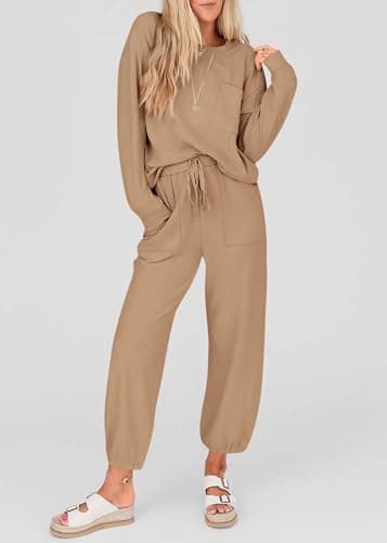 KIRUNDO Lounge Sets for Women 2026 Fall Airport Travel Outfits Ribbed Knit Tops Jogger Pants Tracksuit Postpartum Comfy Set(Khaki, XX-Large) - Thumbnail 3