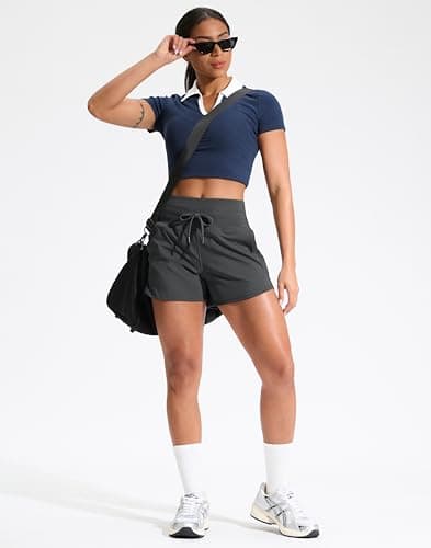 Soothfeel Women's Athletic Running Shorts with Pockets 3.5" Quick Dry High Waisted Workout Active Gym Shorts for Women Dark Grey L - Thumbnail 6