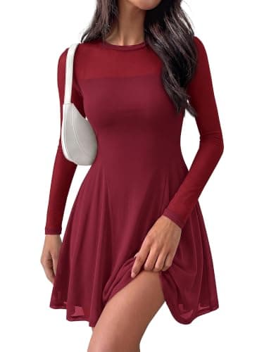 BTFBM Women’s Mini Dress Sheer Mesh Long Sleeve Flowy A Line Casual Cocktail Party Going Out Dresses 2026 Fall Fashion(Burgundy, X-Large) - Image 1