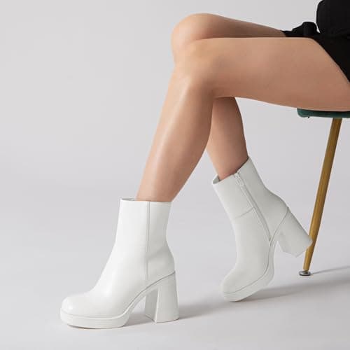 Athlefit Women's Platform Ankle Boots High Chunky Block Heel White Boots Square Toe Fashion Dress Heeled Booties Size 5.5 - Thumbnail 6