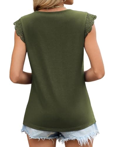JUSTFASHIONNOW Womens Sleeveless Lace Trim Tops Flutter Ruffle Cap Sleeve Blouses Dressy Summer Casual T-Shirt Army Green - Thumbnail 6