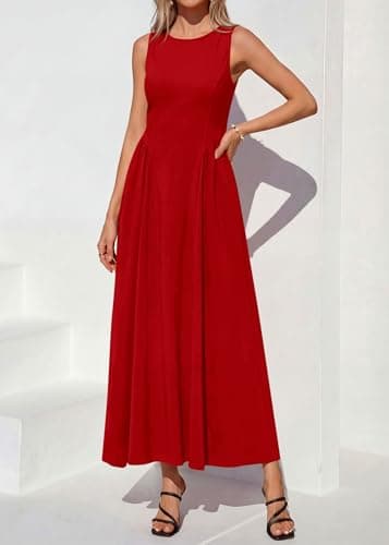 KIRUNDO Wedding Guest Dresses for Women 2026 Summer Semi Formal Work Sleeveless Elegant Boat Neck Flowy A Line Maxi Dress(Red, Large) - Thumbnail 2