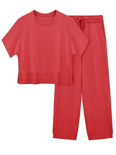 Fisoew Womens 2 Piece Outfits Sweater Sets Knit Split Crop Tops High Waisted Pants Lounge Set - Image 1
