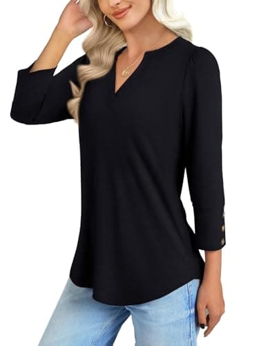 NORACORA Blouses for Women Dressy Casual 3/4 Length Sleeve Womens Tops V Neck Loose Fit T Shirts Beach Vacation Spring Summer Fall Shirts Black XXL - Thumbnail 3