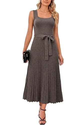 Arach&Cloz Spring Summer Womens Sweater Dress 2026 Sleeveless Square Neck Cashmere Ribbed Knit Tie Waist Pleated A Line Pullover Fashion Belt Flowy Midi Maxi Wedding Guest Outfits Coffee Brown XL - Image 1