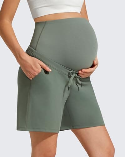 G4Free Pregnancy Shorts Over Bump Drawstring Postpartum Shorts with Pockets Summer Maternity Workout Yoga Casual(Gray Sage,S) - Thumbnail 5