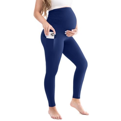 Leafigure Womens Maternity Leggings with Pockets, Pregnancy Buttery Soft Yoga Workout Pants Navy X-Large
