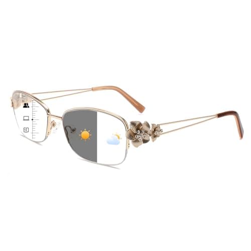 touk Photochromic Progressive Multifocal Reading Glasses for Women, Stylish Half Rim Metal Frame Anti Blue Light Sun Readers 1 Pack Gold +1.5 - Image 1