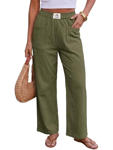 AUMORA Womens Pants Wide Leg Palazzo Pants Casual High Waisted Summer Flowy Beach Casual Trousers with Pockets Green - Image 1